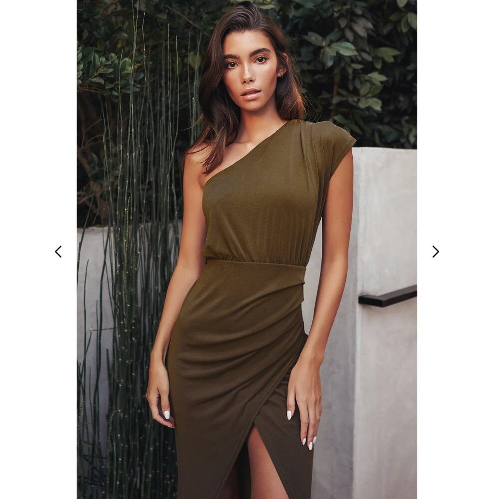 Lulus Raise a Glass Olive Green One-Shoulder Midi Dress - Picture 2 of 8
